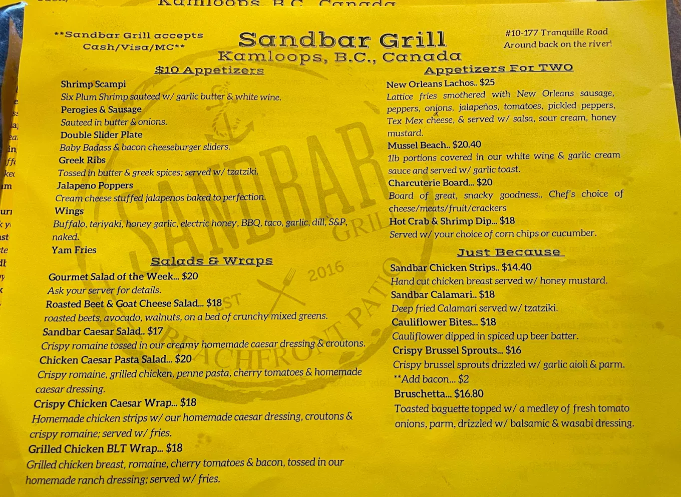 Sandbar Grill Menu June 2024